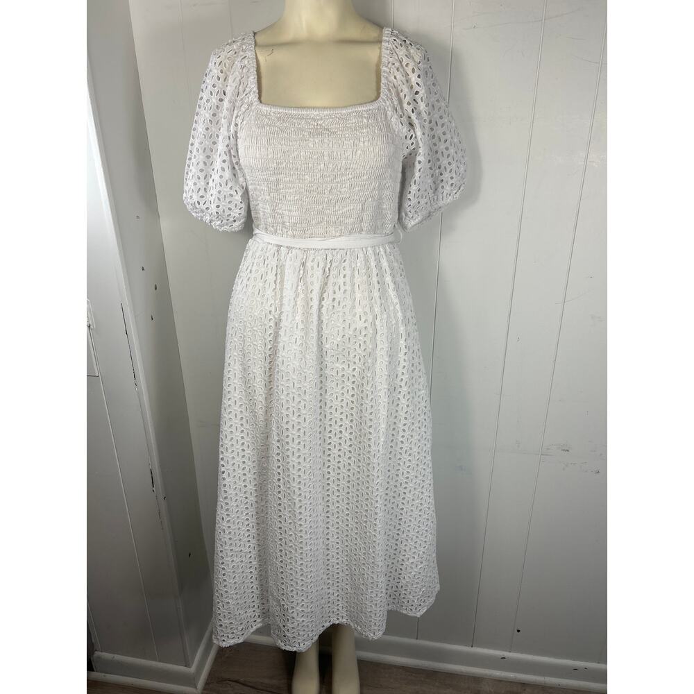 Kensie White Eyelet Midi Dress Smocked Cottagecore Puffy Sleeve in Size 14 - Picture 2 of 6